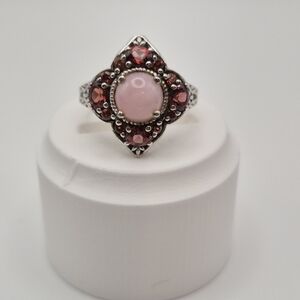 STS Sterling Silver Pink Opal & Garnet Vintage Style Ring - Size 5.25